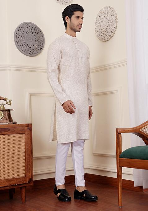 Off White Printed Modal Silk Kurta Pyjama Set For Men