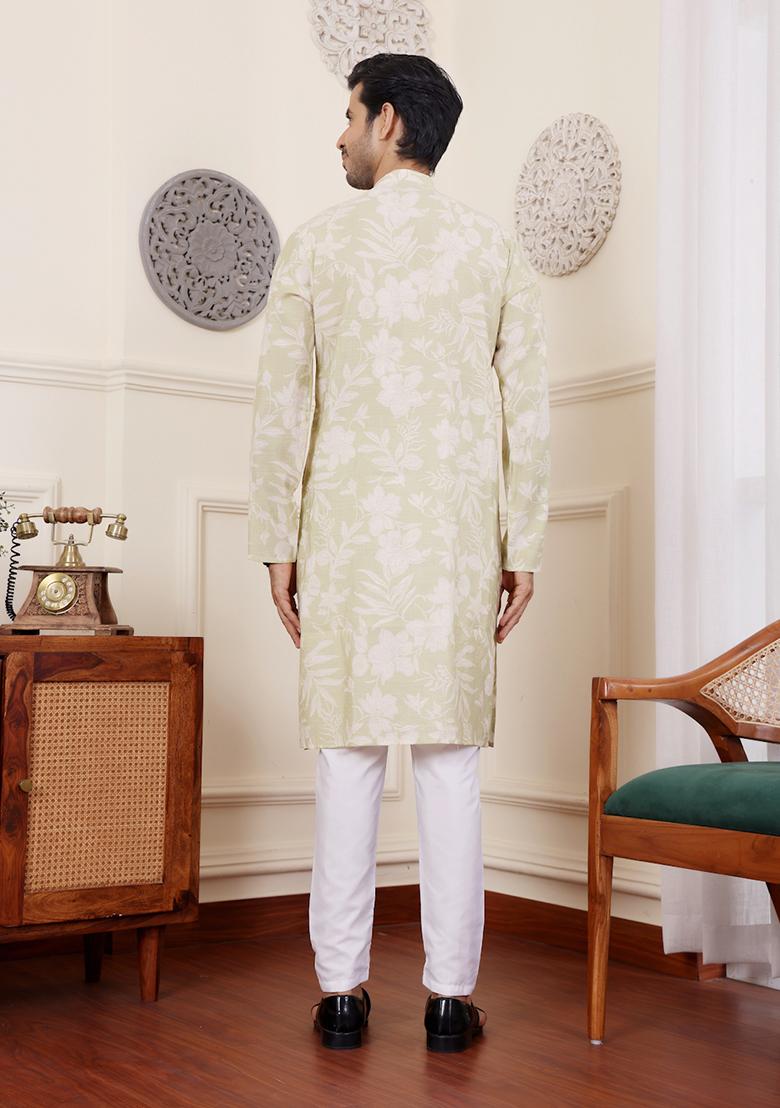 Light Green Printed Modal Silk Kurta Pyjama Set For Men