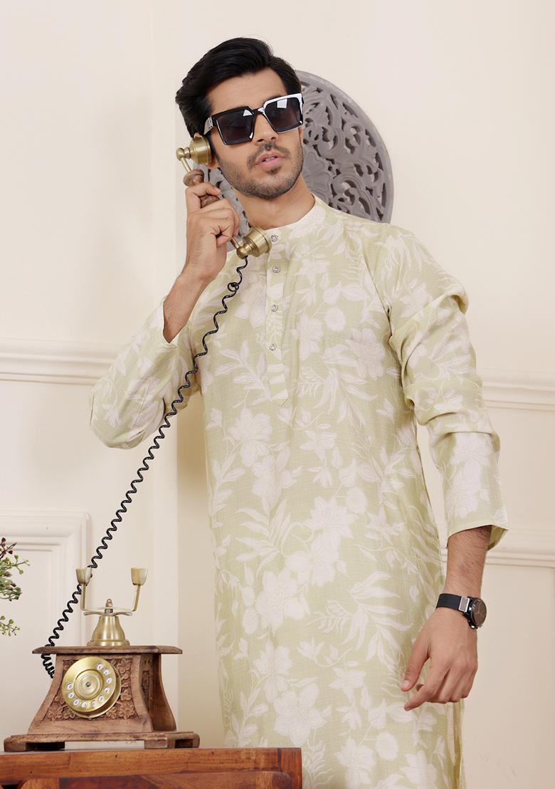 Light Green Printed Modal Silk Kurta Pyjama Set For Men