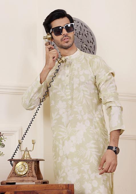 Light Green Printed Modal Silk Kurta Pyjama Set For Men