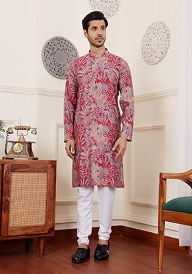 Pink Printed Modal Silk Kurta Pyjama Set For Men