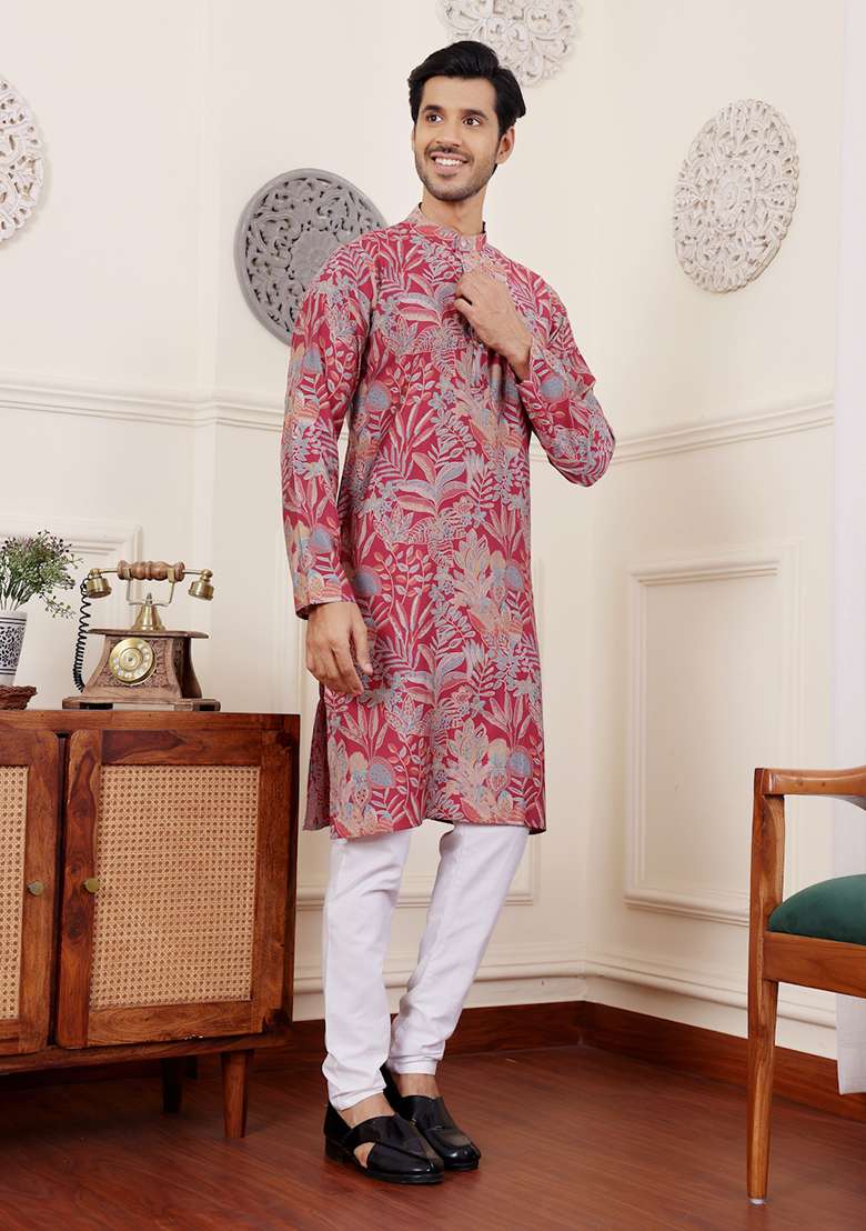 Pink Printed Modal Silk Kurta Pyjama Set For Men - Indya