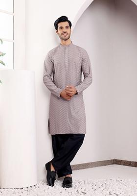Grey Chikankari Embroidered Viscose Kurta For Men