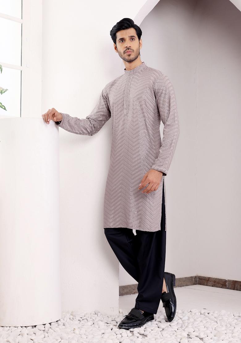 Grey Chikankari Embroidered Viscose Kurta For Men