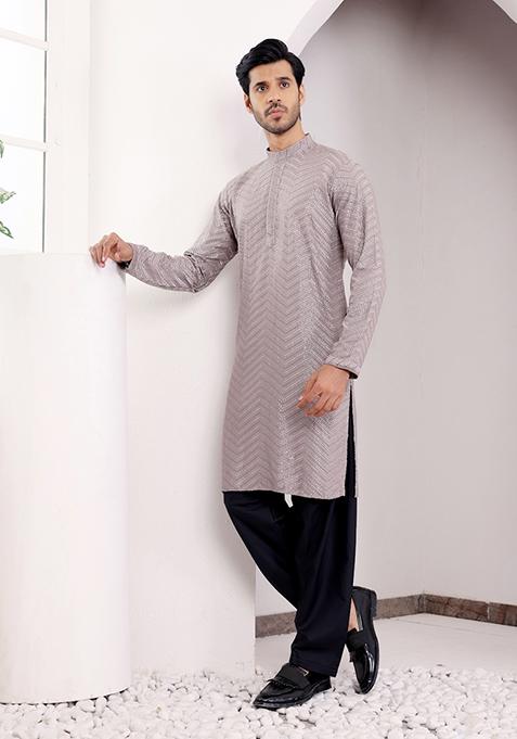 Grey Chikankari Embroidered Viscose Kurta For Men