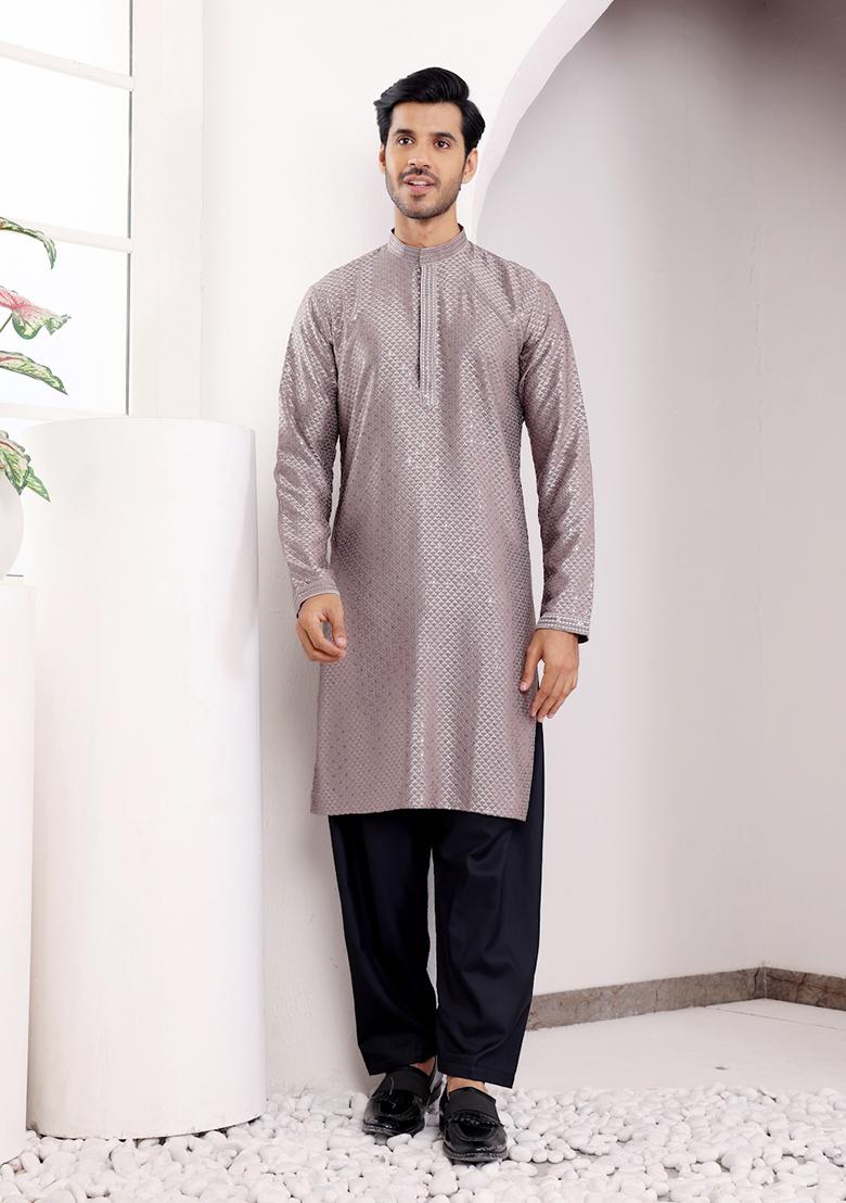 Grey Chikankari Embroidered Viscose Kurta For Men