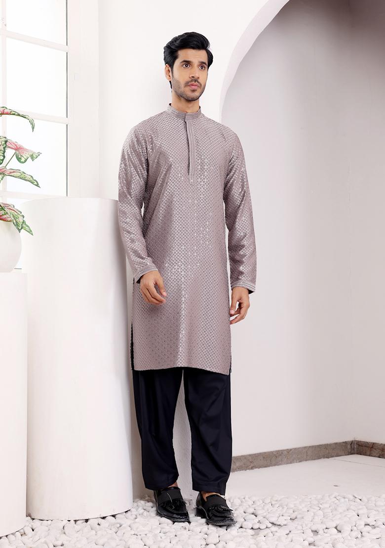 Grey Chikankari Embroidered Viscose Kurta For Men