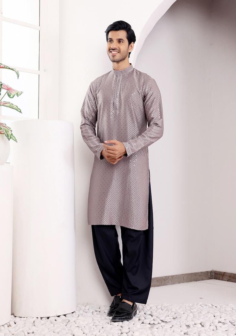 Grey Chikankari Embroidered Viscose Kurta For Men