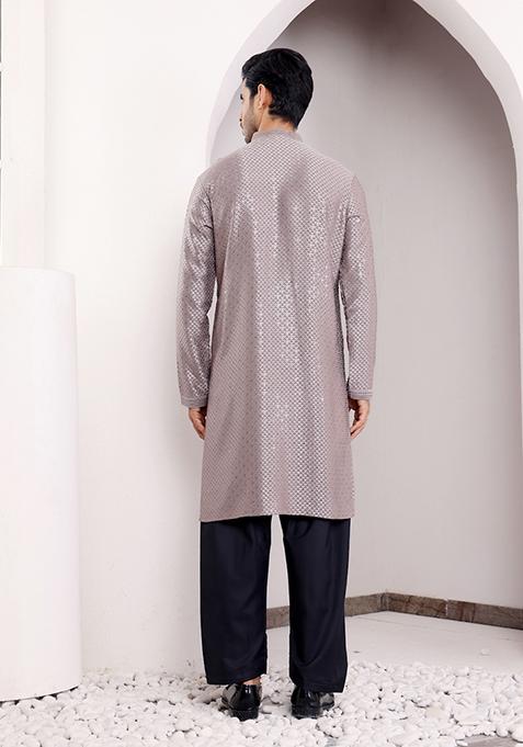 Grey Chikankari Embroidered Viscose Kurta For Men