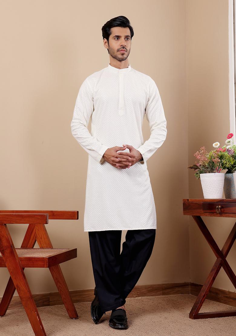 White Chikankari Embroidered Viscose Kurta For Men