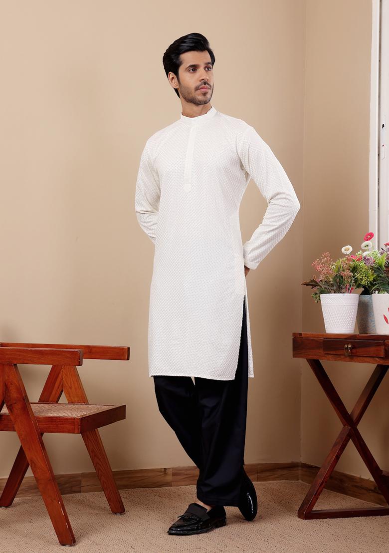 White Chikankari Embroidered Viscose Kurta For Men