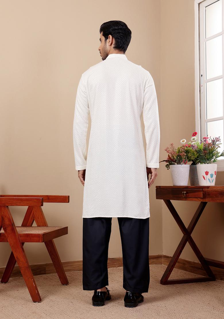 White Chikankari Embroidered Viscose Kurta For Men