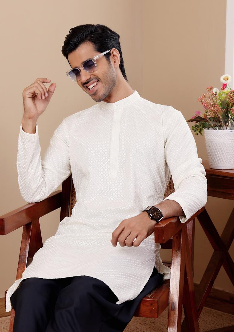 White Chikankari Embroidered Viscose Kurta For Men