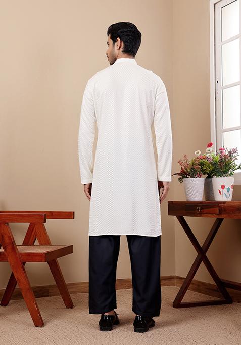 White Chikankari Embroidered Viscose Kurta For Men