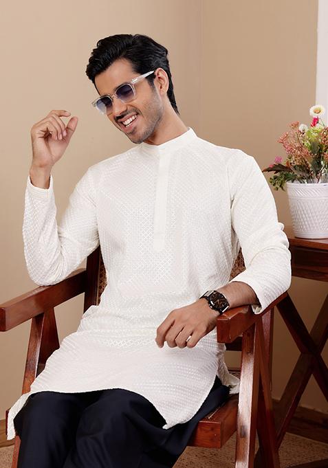 White Chikankari Embroidered Viscose Kurta For Men