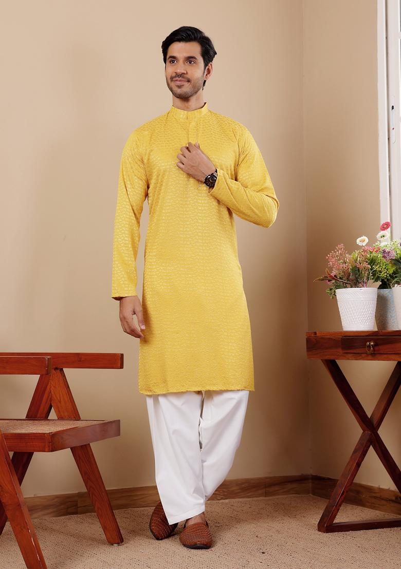 Yellow Chikankari Embroidered Viscose Kurta Pyjama Set For Men