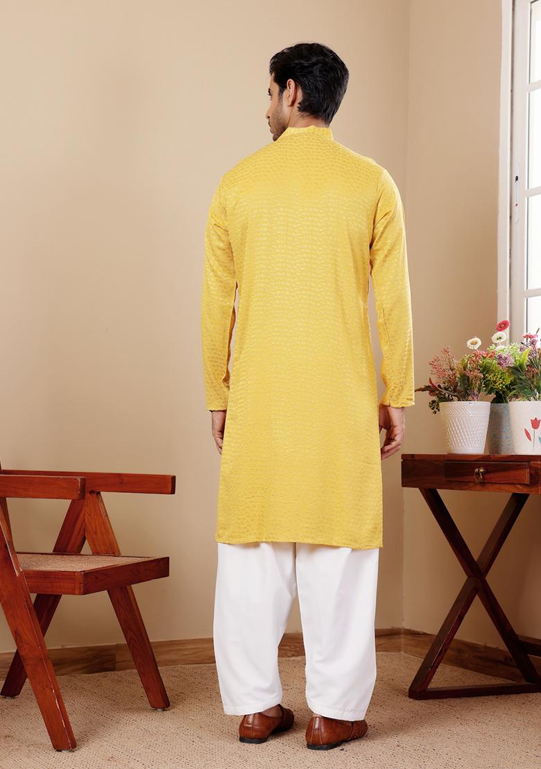 Yellow Chikankari Embroidered Viscose Kurta Pyjama Set For Men