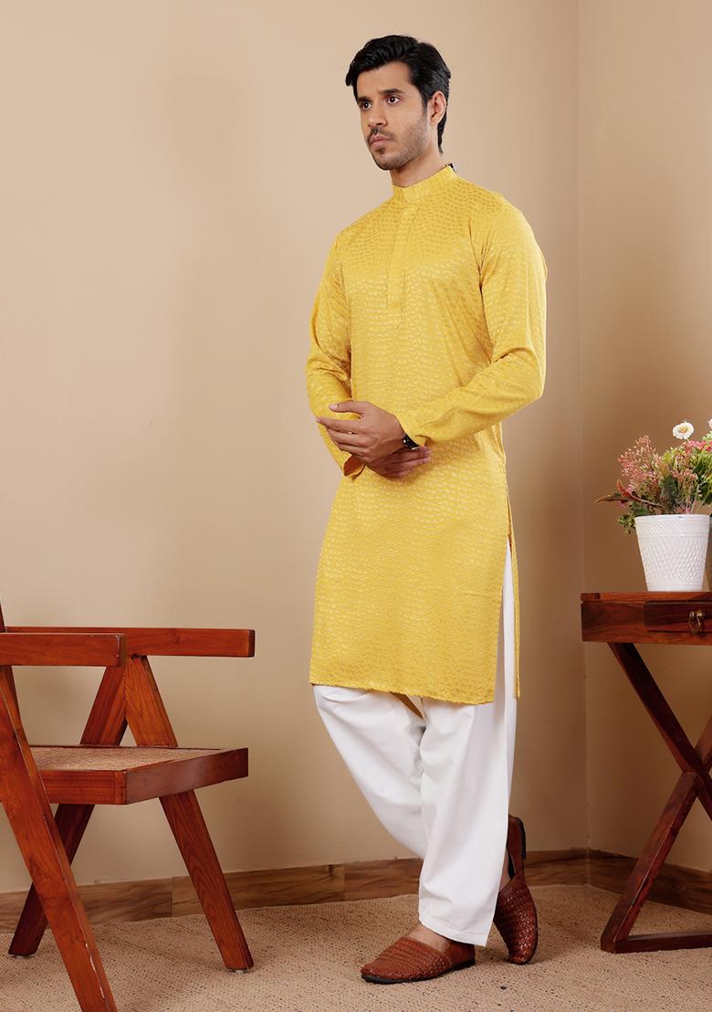 Yellow Chikankari Embroidered Viscose Kurta Pyjama Set For Men