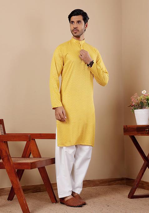 Yellow Chikankari Embroidered Viscose Kurta Pyjama Set For Men