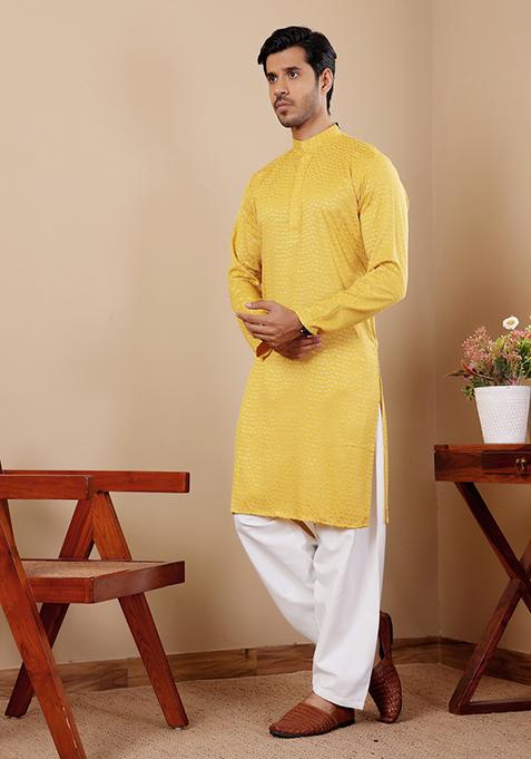 Yellow Chikankari Embroidered Viscose Kurta Pyjama Set For Men