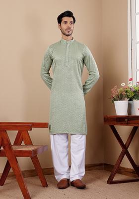 Pastel Green Chikankari Embroidered Viscose Kurta Pyjama Set For Men