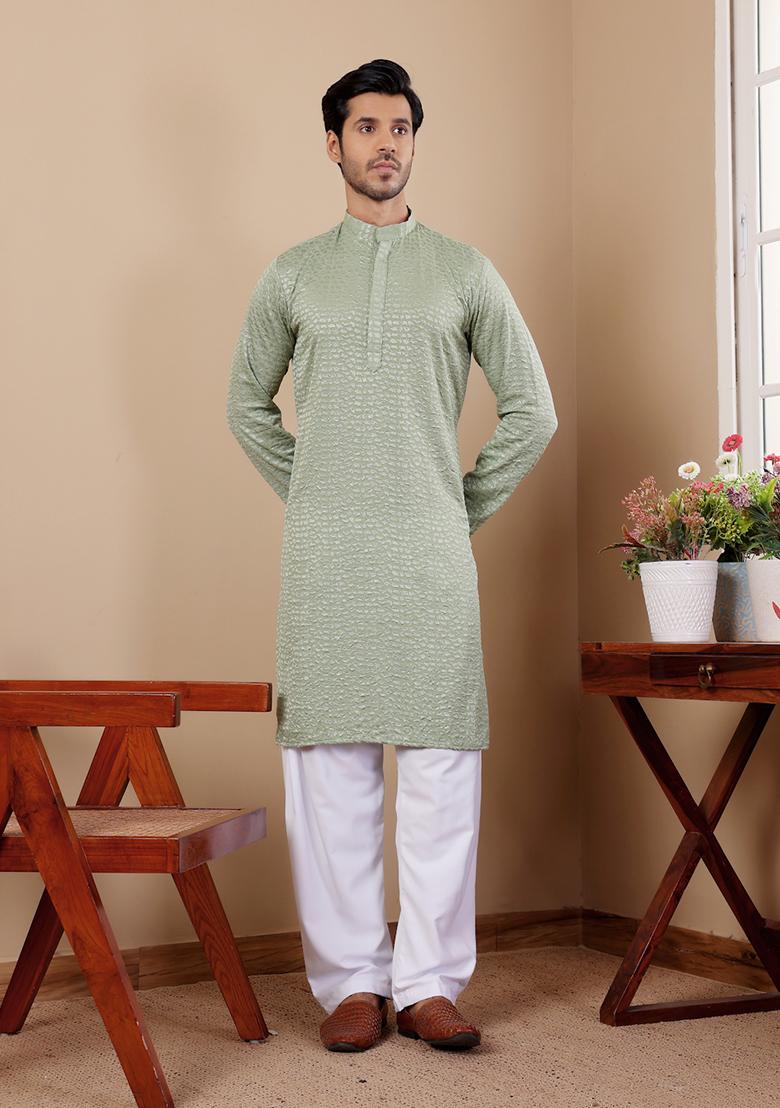 Pastel Green Chikankari Embroidered Viscose Kurta Pyjama Set For Men