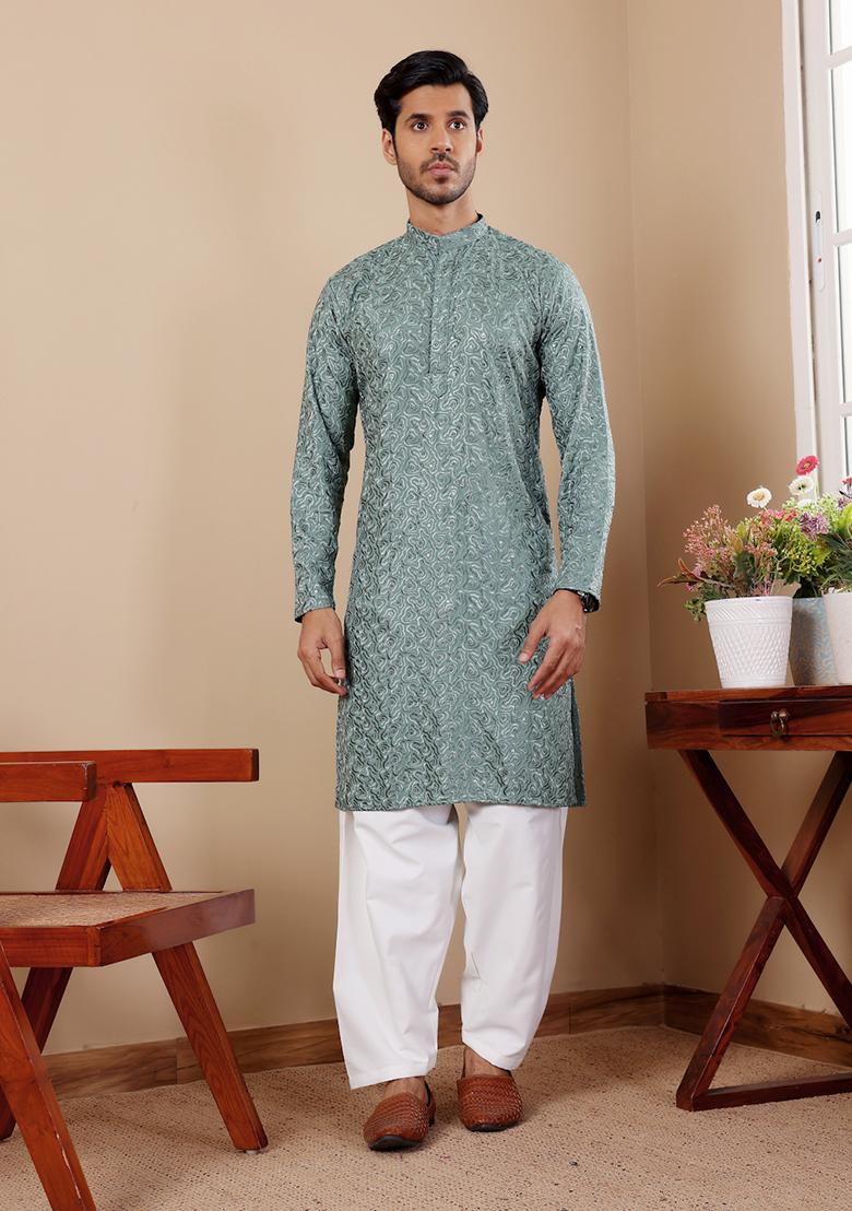 Green Chikankari Embroidered Viscose Kurta Pyjama Set For Men