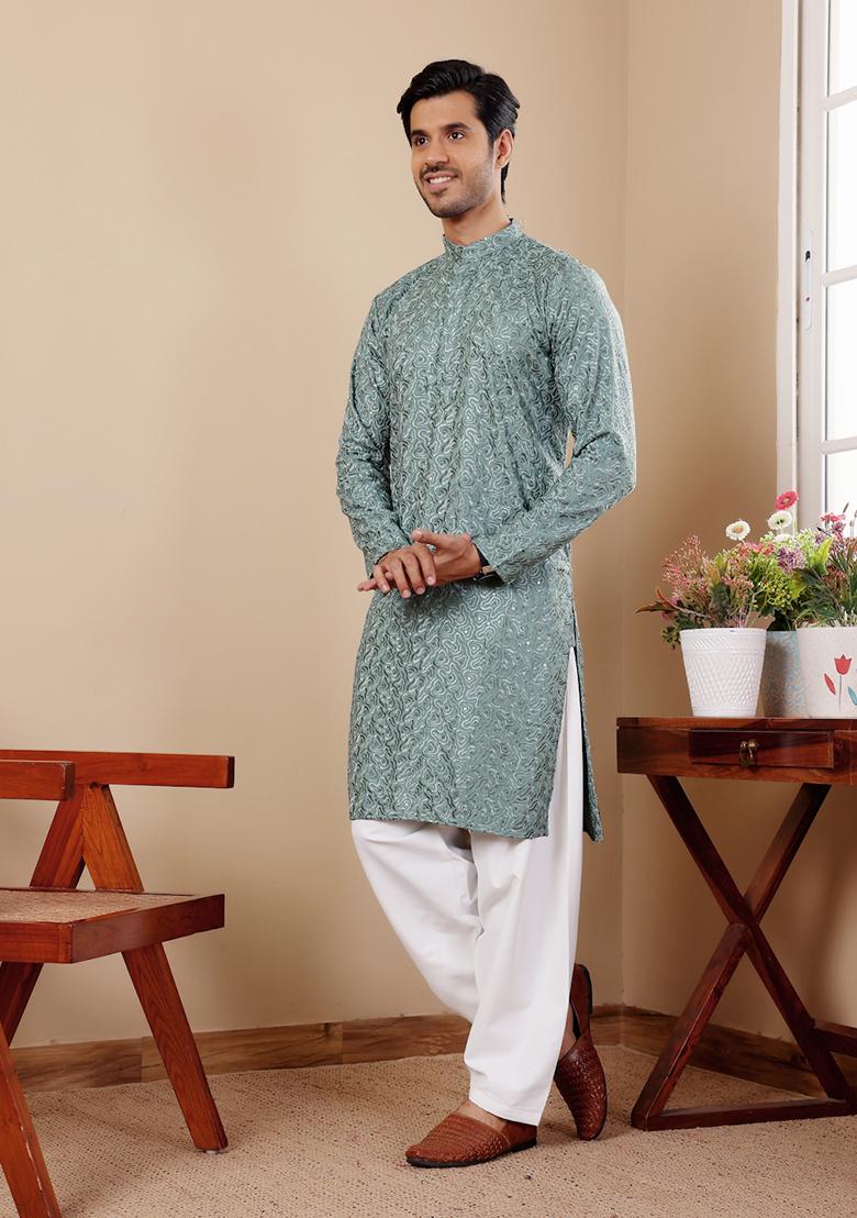 Green Chikankari Embroidered Viscose Kurta Pyjama Set For Men