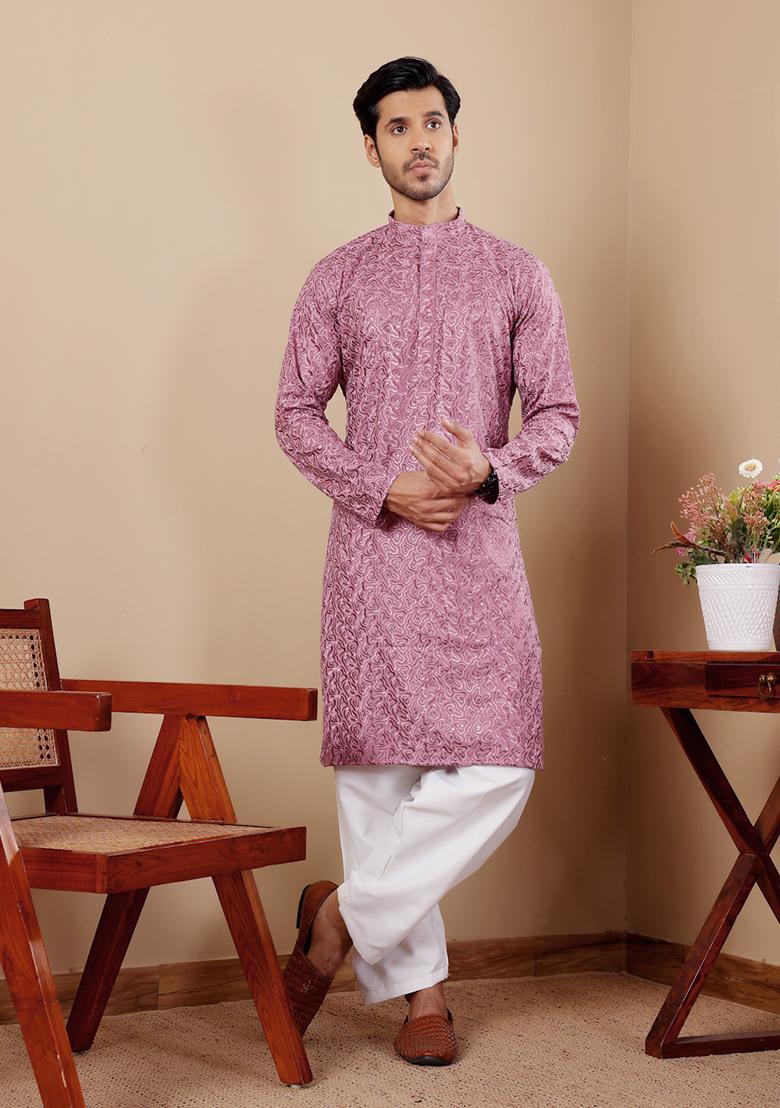 Pink And Purple Chikankari Embroidered Viscose Kurta Pyjama Set For Men