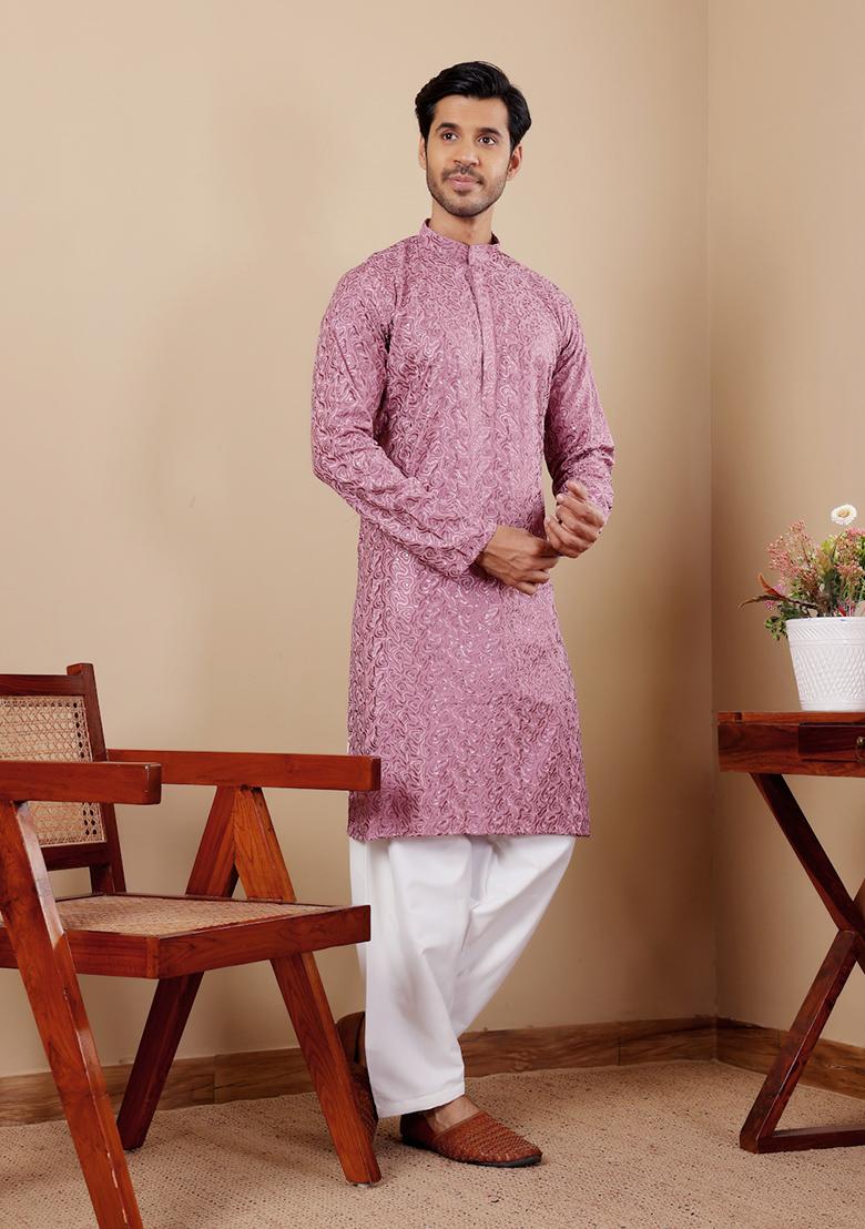 Pink And Purple Chikankari Embroidered Viscose Kurta Pyjama Set For Men