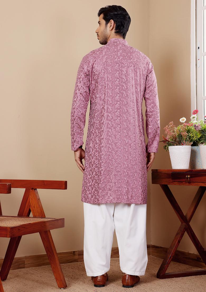Pink And Purple Chikankari Embroidered Viscose Kurta Pyjama Set For Men