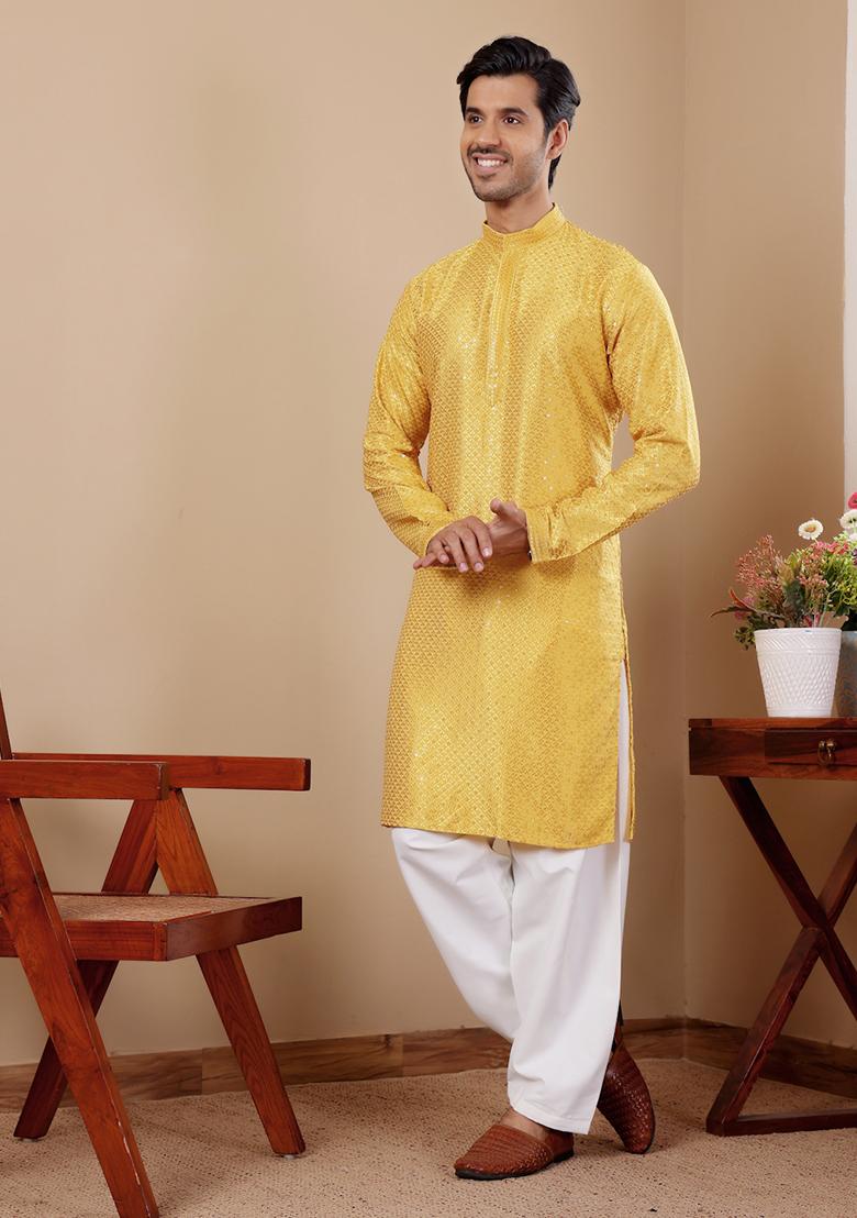 Yellow Chikankari Embroidered Viscose Kurta Pyjama Set For Men