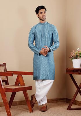 Blue Chikankari Embroidered Viscose Kurta Pyjama Set For Men