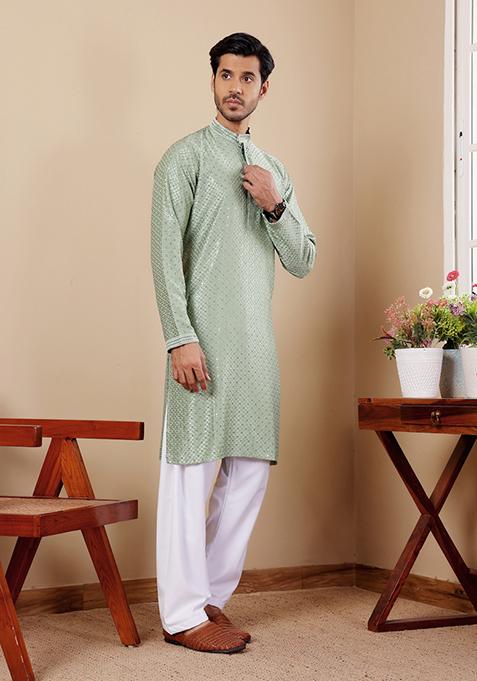 Green Chikankari Embroidered Viscose Kurta Pyjama Set For Men