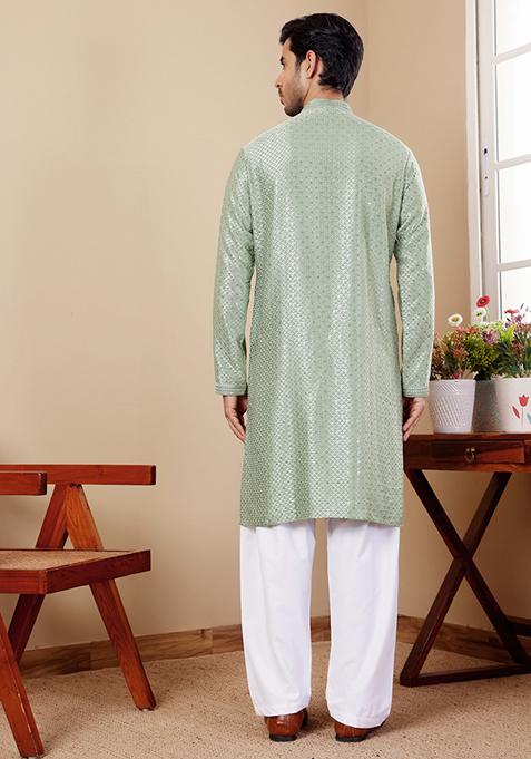 Green Chikankari Embroidered Viscose Kurta Pyjama Set For Men