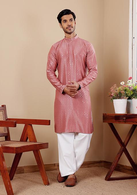 Red Chikankari Embroidered Viscose Kurta Pyjama Set For Men