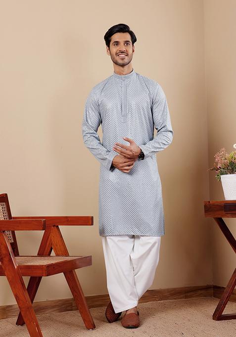 Blue Chikankari Embroidered Viscose Kurta Pyjama Set For Men