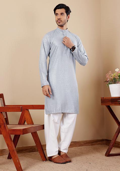 Blue Chikankari Embroidered Viscose Kurta Pyjama Set For Men