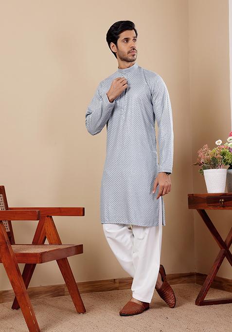 Blue Chikankari Embroidered Viscose Kurta Pyjama Set For Men