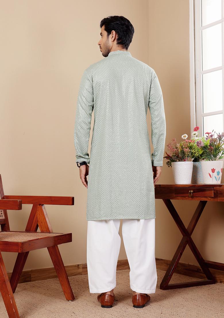 Pista Green Chikankari Embroidered Viscose Kurta Pyjama Set For Men