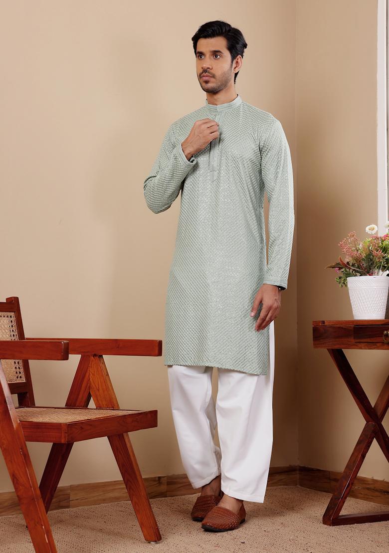 Pista Green Chikankari Embroidered Viscose Kurta Pyjama Set For Men