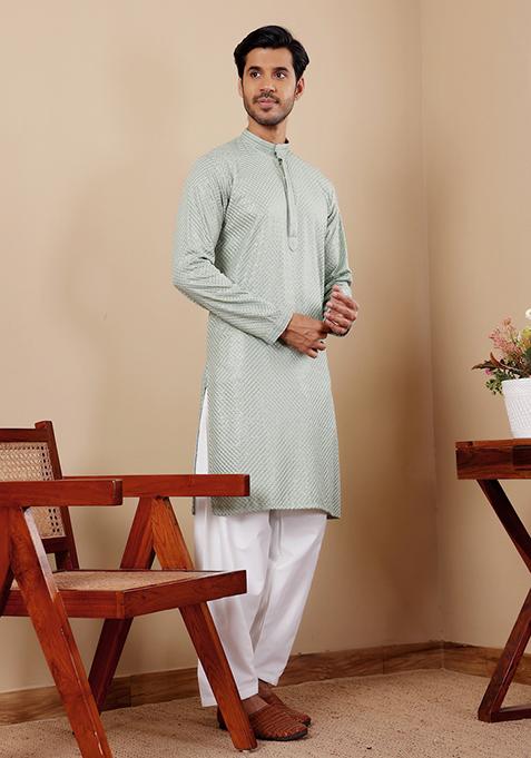 Pista Green Chikankari Embroidered Viscose Kurta Pyjama Set For Men