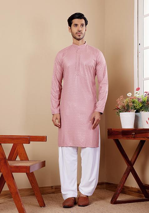Pink Chikankari Embroidered Viscose Kurta Pyjama Set For Men