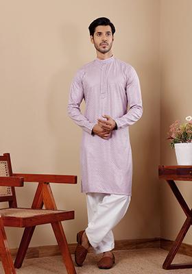 Lavender Chikankari Embroidered Viscose Kurta Pyjama Set For Men