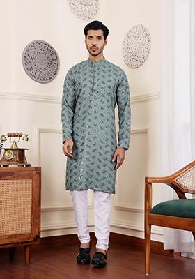 Green Chikankari Embroidered Viscose Kurta Pyjama Set For Men