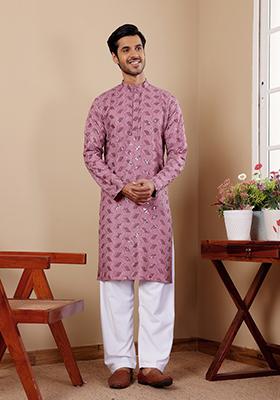 Pink And Purple Chikankari Embroidered Viscose Kurta Pyjama Set For Men