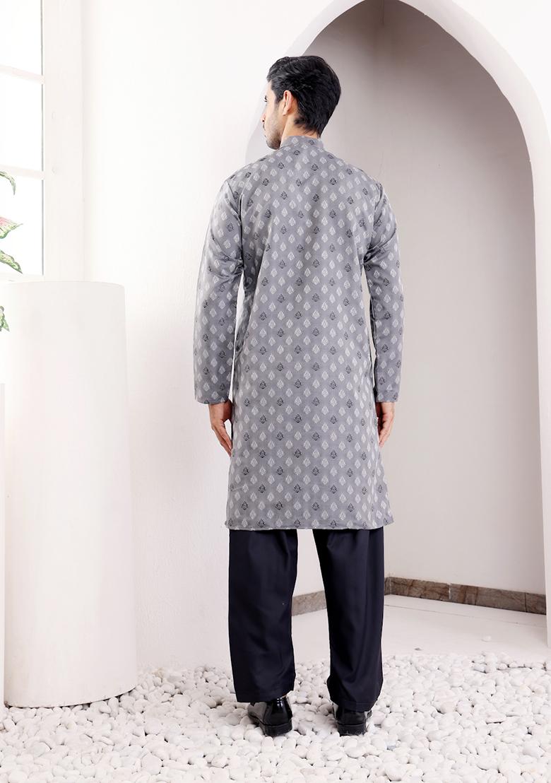 Grey Woven Viscose Kurta For Men