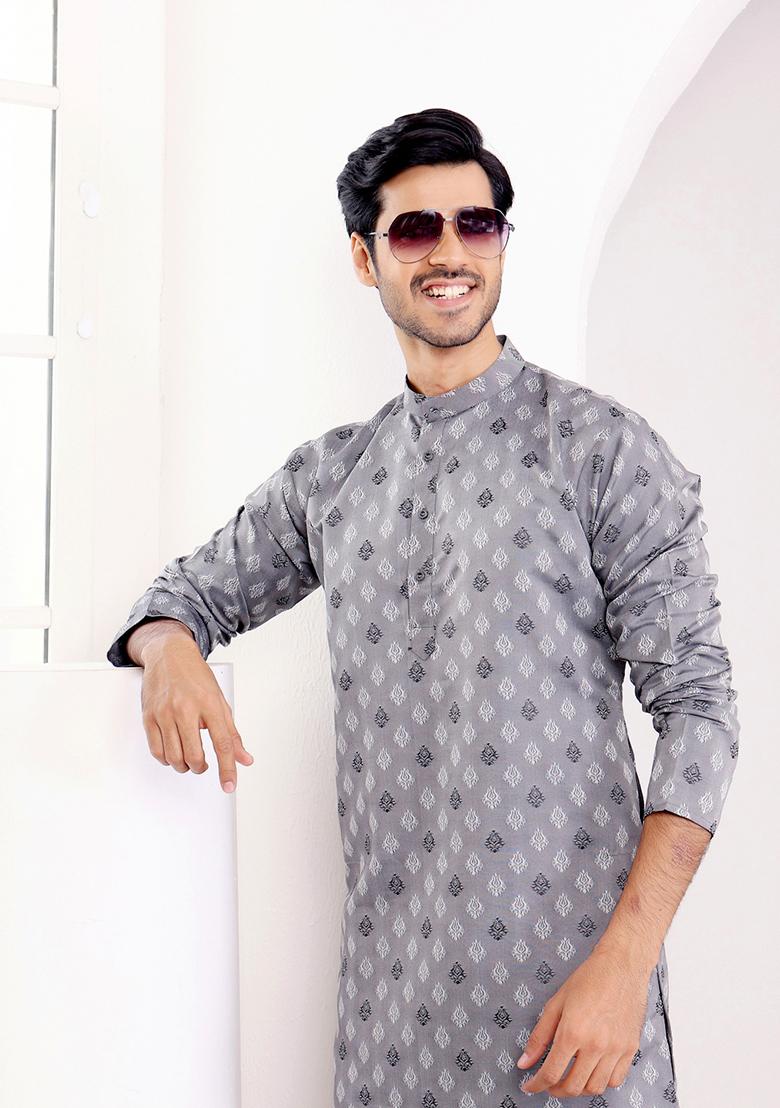 Grey Woven Viscose Kurta For Men