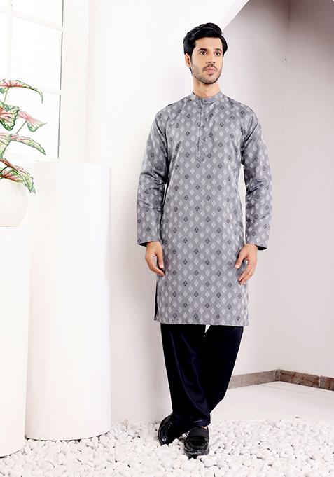 Grey Woven Viscose Kurta For Men
