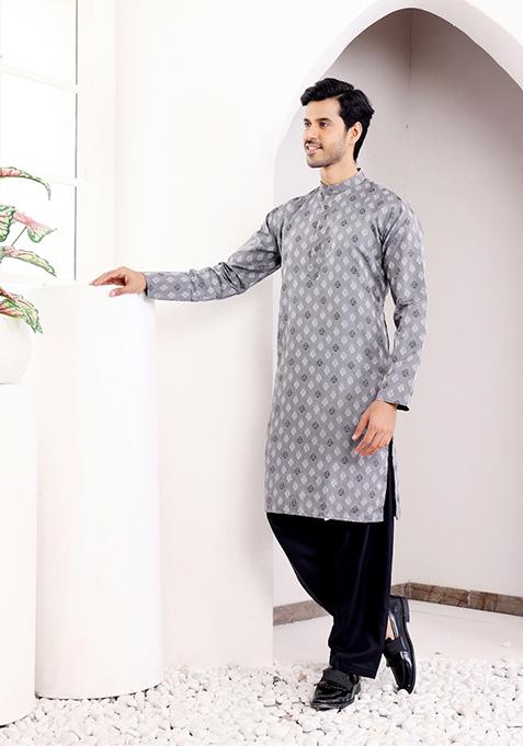 Grey Woven Viscose Kurta For Men